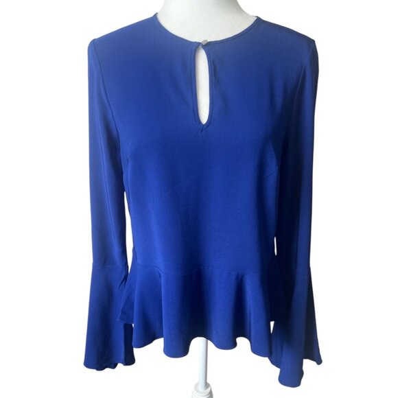 NWT Artelier Nicole Miller Blue Keyhole Crewneck Peplum Blouse Small Reg $245 - Picture 1 of 12